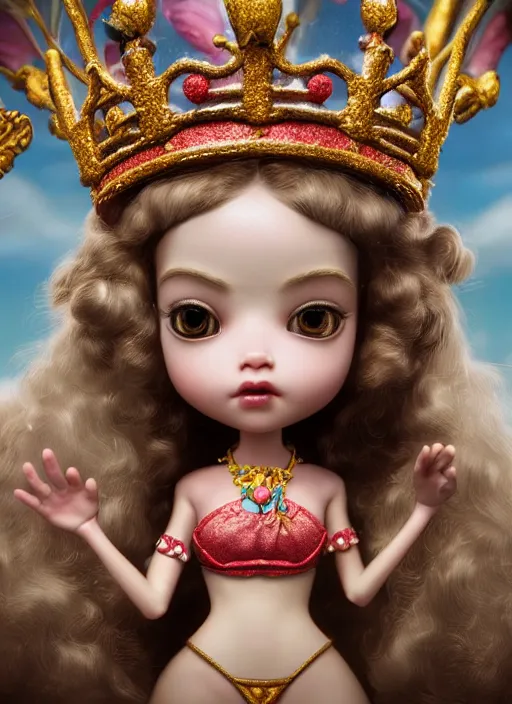 Image similar to highly detailed closeup, profile portrait of a tin toy fairytale princess wearing a crown, bikini, unreal engine, nicoletta ceccoli, mark ryden, earl norem, lostfish, global illumination, detailed and intricate environment