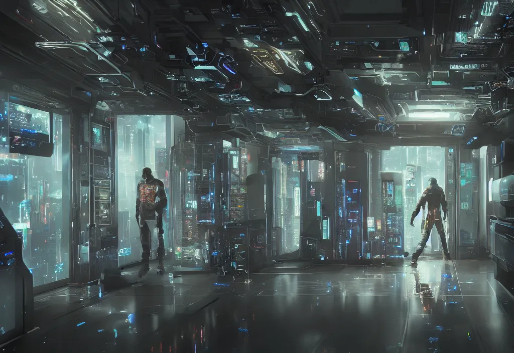 Prompt: cyberpunk server room in datacenter is the universe, dramatic lighting by barclay shaw style, by evan rhodes artstation style, human like a cyborg, cyberpunk character design, walking in server room, octane render 8 k, beautiful composition, ultra high details, professional master piece