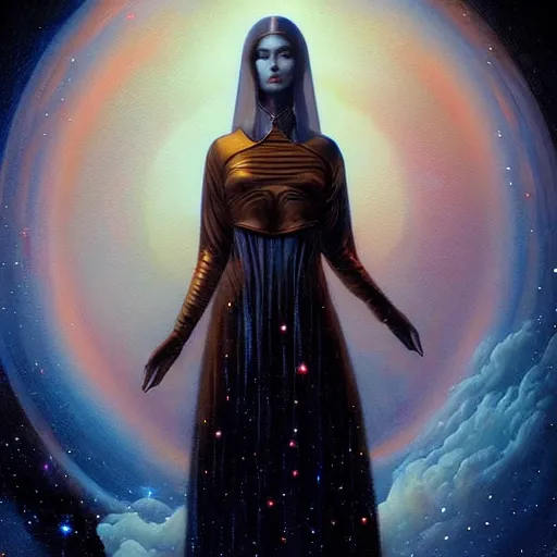 Image similar to a beautiful portrait of a cosmic goddess by Jim Burns and Tom Bagshaw