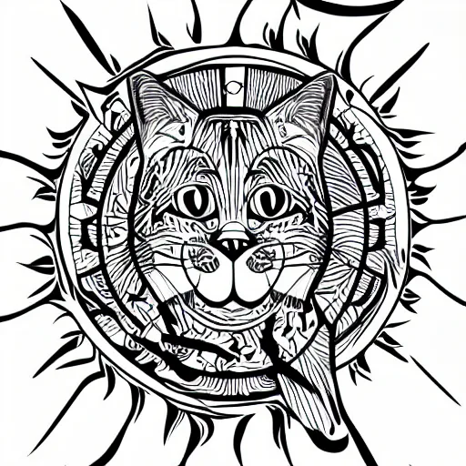 Image similar to tattoo sketch of a cat hugging the sun, on a canva, polynesian style, ornamental, line art, vector,