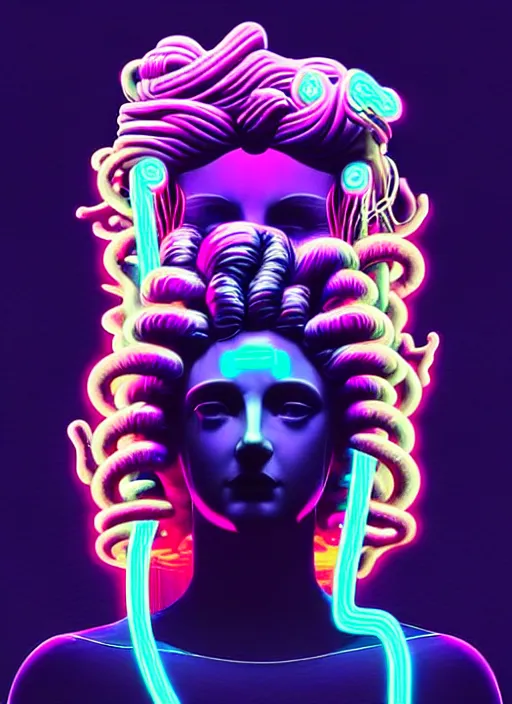 Image similar to statue of medusa, beeple, android jones, liam wong, ( ( ( ( ( dan mumford ) ) ) ) ), vaporwave, retrowave, black background, neon wiring, black, glitch, strong contrast, cuts, pinterest, trending on artstation