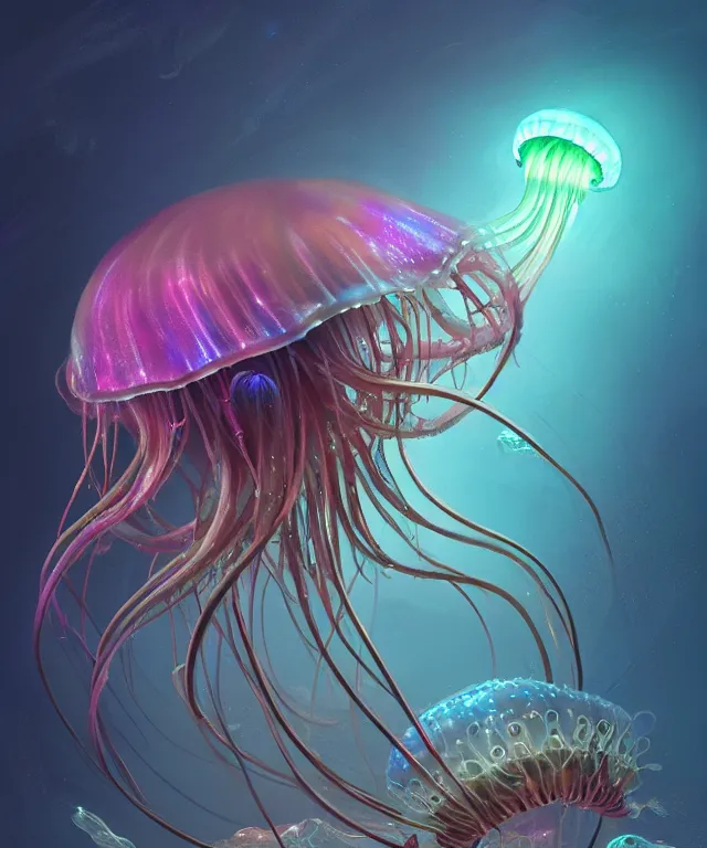 Image similar to a jellyfish creature made of bioluminescence, fantasy, elegant, crisp 8 k line work, emissive lighting, digital painting, artstation, unreal engine, octane render, concept art, matte, sharp focus, illustration, art by james jean and justin gerard and josan gonzalez