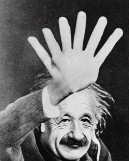 Image similar to an realistic photo of Albert Einstein holding an open hand with seven fingers, palm visible