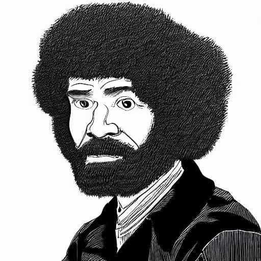 Image similar to bob ross in a portrait by line drawing robert crumb