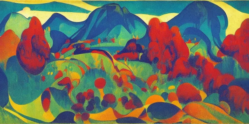 Image similar to An insane, modernist landscape painting. Wild energy patterns rippling in all directions. Curves, organic, zig-zags. Mountains, clouds. Rushing water. Waves. Psychedelic dream world. Odilon Redon. Ernst Kirchner.