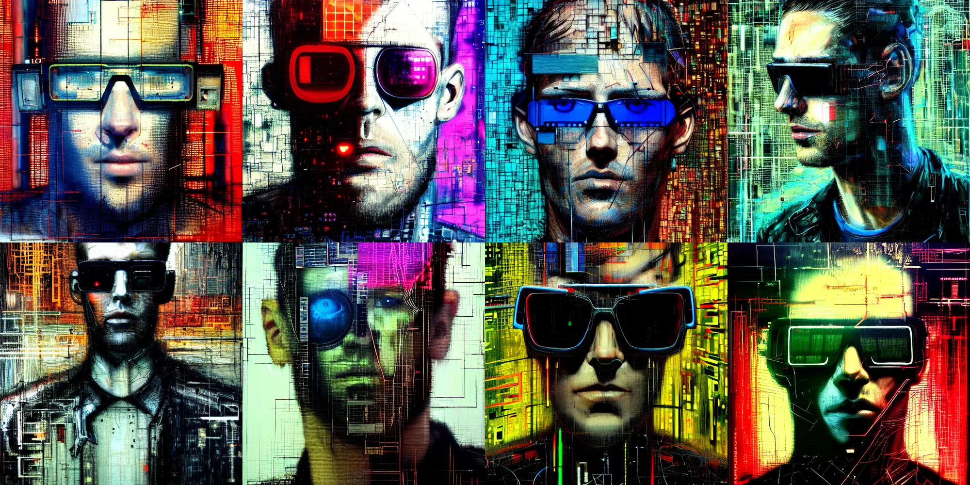 Prompt: hyperrealistic portrait of a cyberpunk man, by Guy Denning, Johannes Itten, Russ Mills, hacking effects, glitch effects, detailed lines, network, technological sunglasses, technological, color blocking!, circuitry, digital, oil on canvas, insane detail, front view, symmetrical, octane, concept art, abstract, artistic, 8k, cinematic, trending on artstation