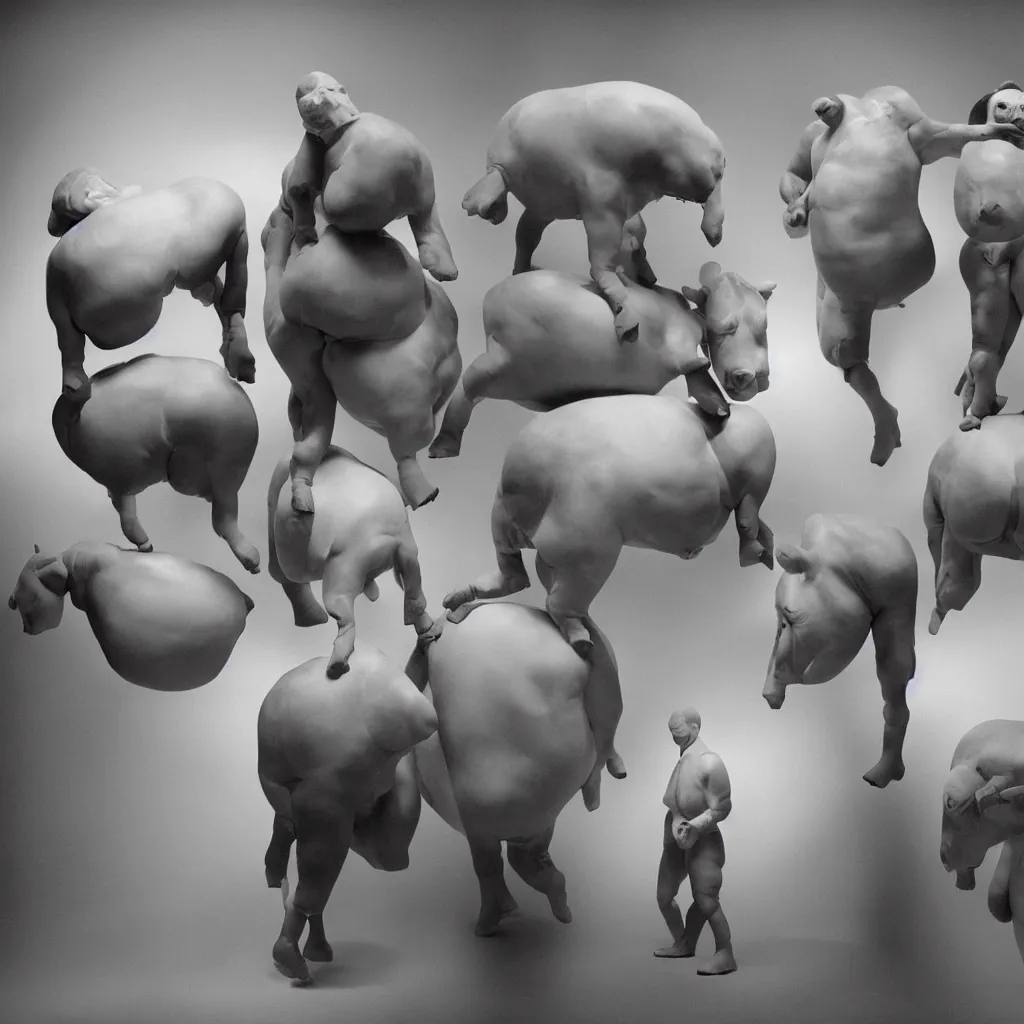 Image similar to conjoined triplets inflated to the size of cows. they are compressed into a perspex cube. they are being observed by a man. a man who has the torso of a horse inside his skull. this is the future. the year is 3 9 0 0. 3 5 mm film, art gallery with beautiful lighting. photographic masterpiece.