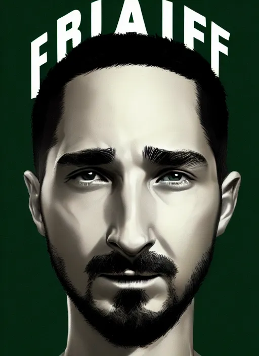 Image similar to highly detailed closeup portrait motivational poster of shia lebouf with large bold letter motivational words by greg rutkowski, by artgerm, gradient green, black and white color scheme, black border