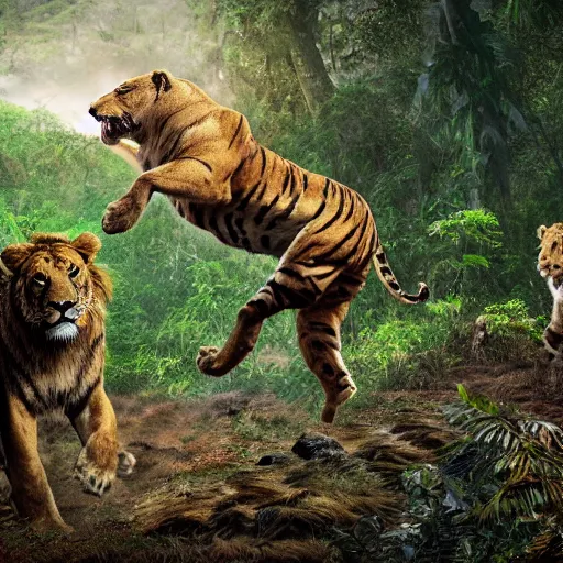 Image similar to a photo realistic photo of a lion, tiger and bear chasing a hunter through the jungle