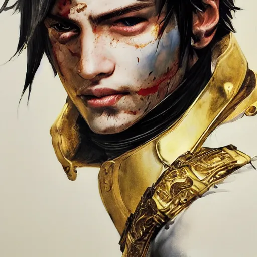 Image similar to portrait of a young white hero holding his sword next to his face covering his eye by yoji shinkawa, high quality, extra details, realism, ornate, colored, golden chain, blood, white skin, short hair, brown eyes, vivid, sunlight, dynamic, american man, freedom, white american soldier, painting