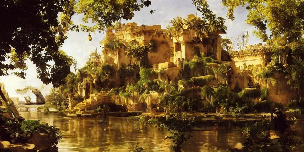 Image similar to beautiful landscape oil matte painting, of bustling empire hanging gardens of babylon, art by anders zorn, wonderful masterpiece highly detailed, beautiful cinematic light deep focus, elegant, digital painting, smooth, sharp focus, golden ratio, dramatic illumination, ultra realistic, 8 k, art by artemisia lomi gentileschi and caravaggio