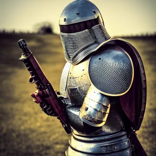 Image similar to medieval knight, in armor, shooting an ak - 4 7. 4 k, hdr, 5 0 mm lens, f 1. 8.