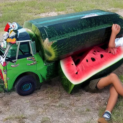 Prompt: a boy fell asleep on a watermelon truck