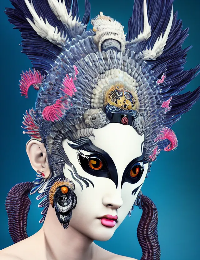 Image similar to 3 d goddess close - up profile portrait punk with mohawk with ram skull. beautiful intricately detailed japanese crow kitsune mask and clasical japanese kimono. betta fish, jellyfish phoenix, bio luminescent, plasma, ice, water, wind, creature, artwork by tooth wu and wlop and beeple and greg rutkowski