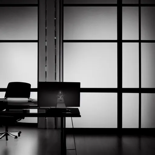 Image similar to an office at night, dark atmosphere, white hue
