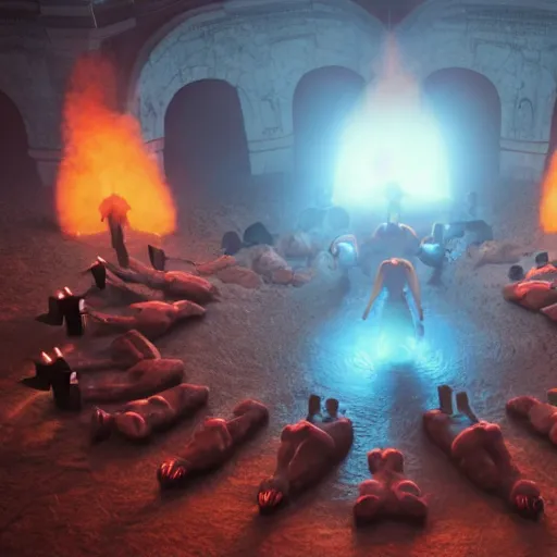 Image similar to 8 k hd detailed octane render of cultists performing an occult ritual