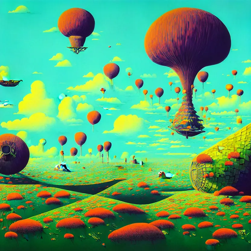 Image similar to surreal glimpse into other universe, zeppelin, island, summer morning, very coherent and colorful high contrast, art by! gediminas pranckevicius! geof darrow, volumetric lighting, cinematic, floralpunk screen printing woodblock, dark shadows, hard lighting, stipple brush