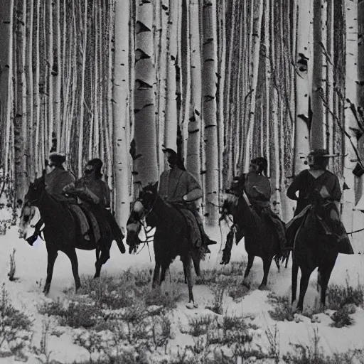 Prompt: photograph of savage plains indians on the warpath riding horses through some aspen trees in the snow attacking