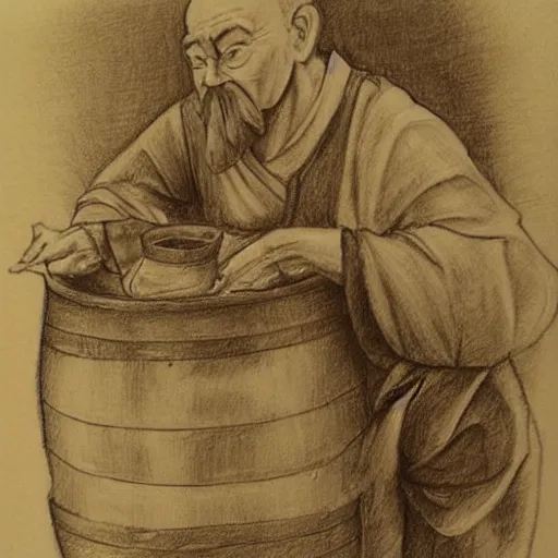 Prompt: pencil sketch of a pleased monk sipping mead next to a barrel