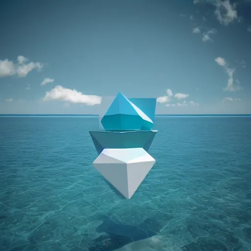 Prompt: geometric 3 d objects above ocean, sea line, vray render