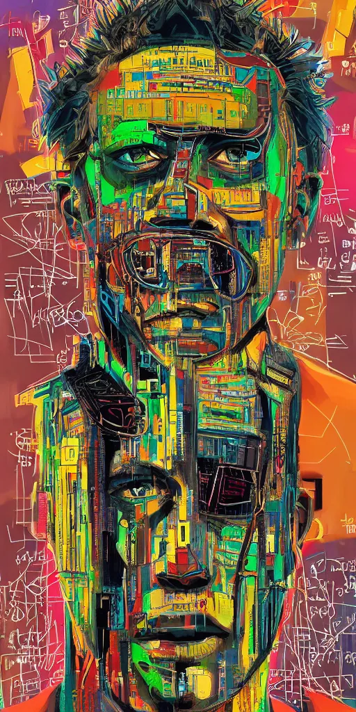 Prompt: a cyberpunk portrait of frankenstien by jean - michel basquiat, by hayao miyazaki by artgerm, highly detailed, sacred geometry, mathematics, snake, geometry, cyberpunk, vibrant, water