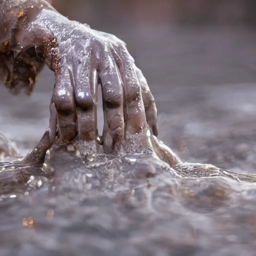 Image similar to a blurry closeup picture of hands around neck, dripping wet, no face, macro photography, long exposure photograph, surrealism, anamorphic bokeh, cozy, soft light, cyan and orange, caustic, atmospheric fog, octane render, cinematic