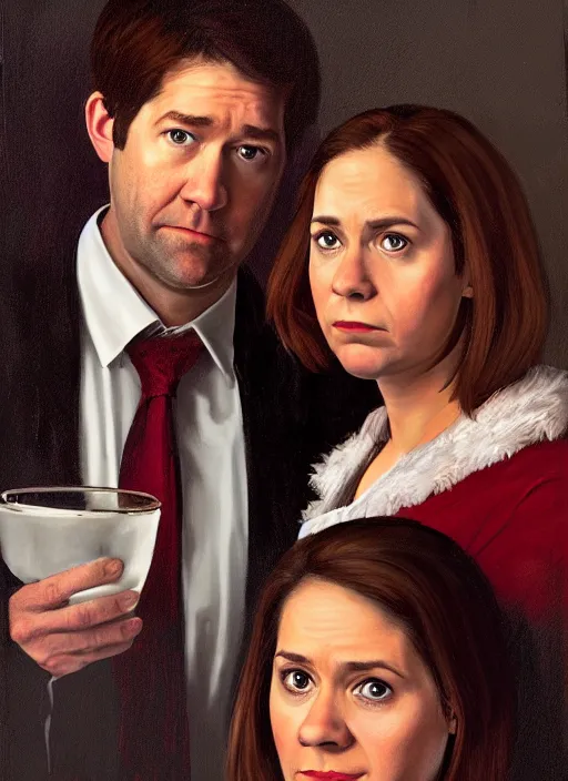 Prompt: portrait painting of jim halpert and pam beesly, dark background, in the style of caravaggio