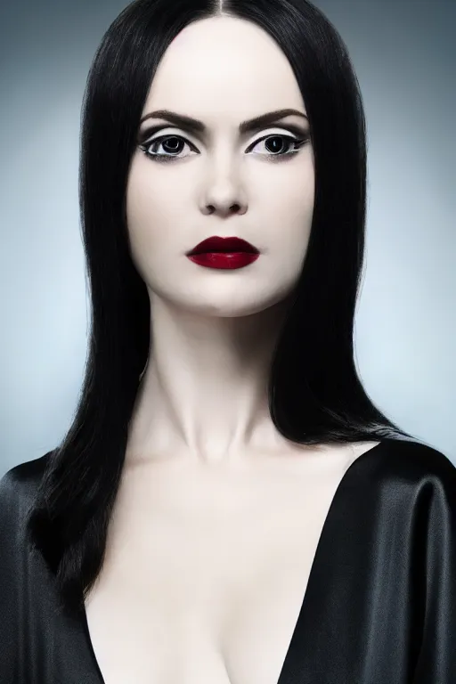 Image similar to hyper - realistic close - up portrait of a modern woman, pale skin, in a black silk robe, in the retrofuturism style