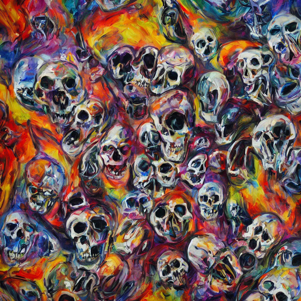 Prompt: the most intensely amazing abstract painting in the history of the universe, surreal smiling skulls, it's happening baby