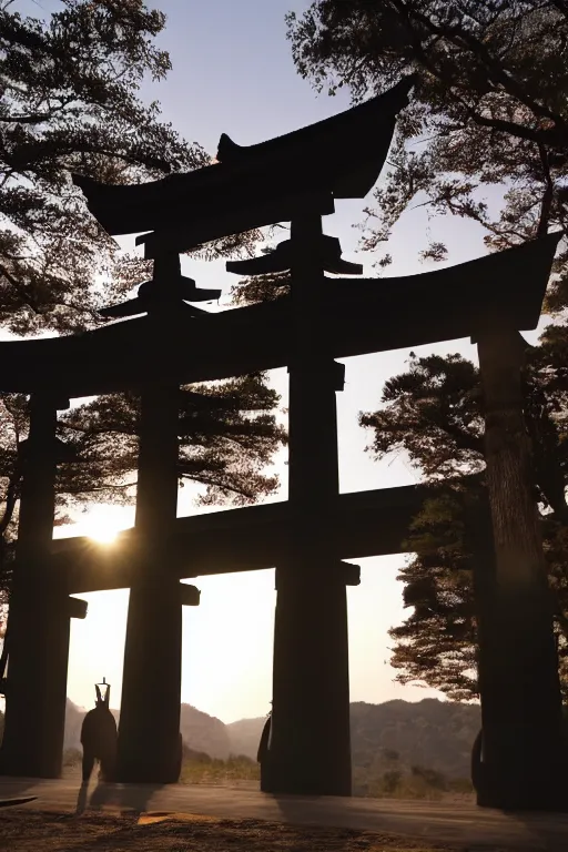 Prompt: a godlike and indomitable masked and helmeted samurai standing before a Torii gate with pride, the rising sun in the background. Photo realistic. Award winning