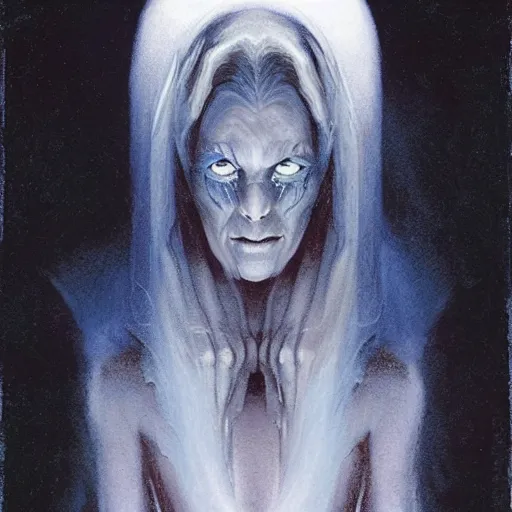 Image similar to head and shoulders portrait of a ghostly, shadowy, spectral wraith portrayed by gwynneth paltrow, d & d, fantasy, greg rutkowski, frank frazetta, alexandre chaudret, boris vallejo, michael whelan, miro petrov, hr giger, magali villeneuve, donato giancola