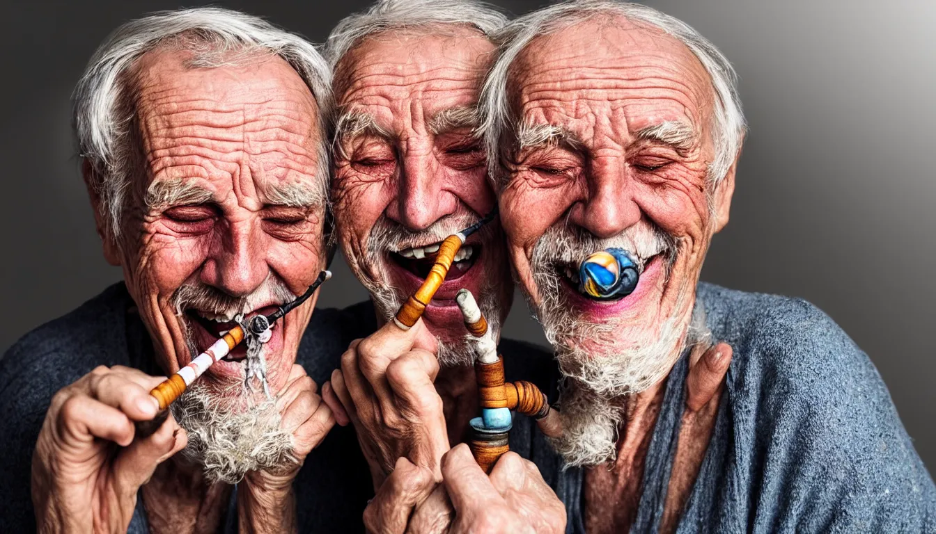 Image similar to hyper realistic color photo, portrait of a single weathered old man and aesthetic laughing woman smoking pipe, cables, vapour emerge from their eyes, dramatic lighting and shadow!!, full colour, upscale, 8 k, masterpiece