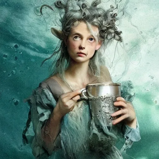 Image similar to A 18th century, messy, silver haired, (((mad))) elf princess, dressed in a ((ragged)), wedding dress, is ((drinking a cup of tea)). Everything is underwater and floating. Greenish blue tones, theatrical, (((underwater lights))), high contrasts, fantasyconcept art, inspired by John Everett Millais's Ophelia