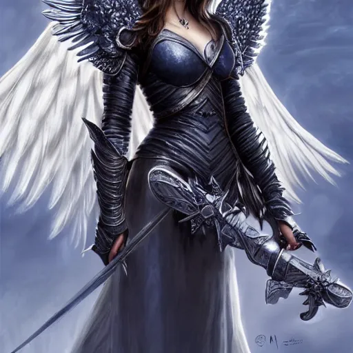 Prompt: beautiful young aasimar angel valkyrie warrior girl maiden wearing comfy leather armor with beautiful feathered angel wings, blue eyes, beautiful face, Alessandra Ambrosio, Natalie Portman, Emily Ratajkowski, innocent, intricate, elegant, highly detailed, ultradetailed, hyperdetailed, artstation, concept art, smooth, sharp focus, illustration, by Mark Arian