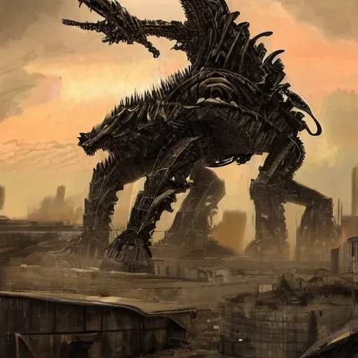 Prompt: high quality art of a giant mechanized dragon in an apocalyptic future, made of plates and armor, consisting of 4 limbs, climbing over a destroyed building in a hazy radioactive atmosphere, roaring with an epic pose into the air as the building crumbles under the weight. furaffinity, deviantart, artstation, high quality