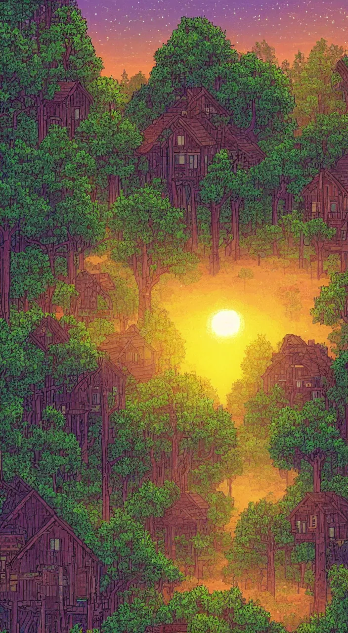 Image similar to a dreamy sunset in the big forest with houses in pixelart style, highly detailed, illustration