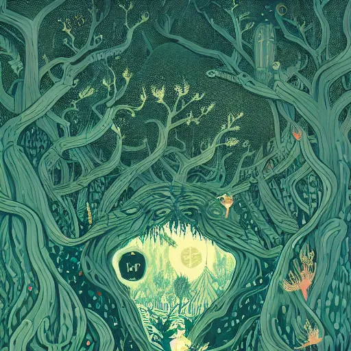 Image similar to detailed illustration of a of a monster in an ornate forest by victo ngai