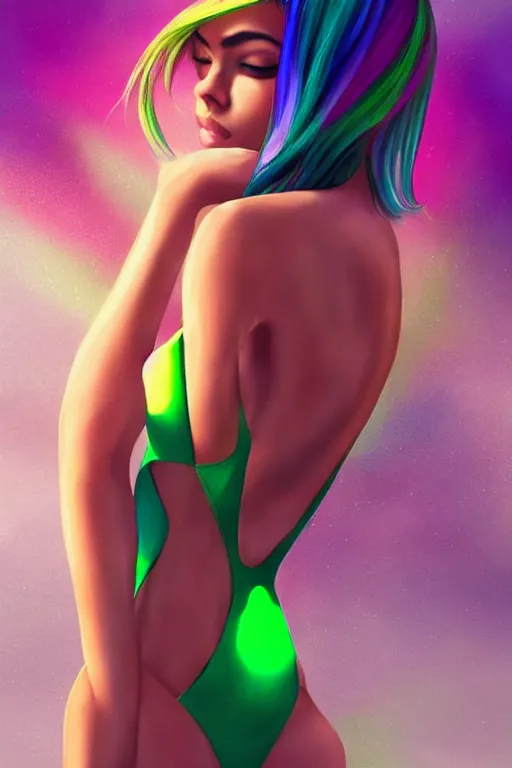 Image similar to beautiful elegant full body portrait of madison beer with rainbow hair wearing a sparkling green color one piece swimsuit, pixie haircut wlop, artgerm, artstation, backlit, dark marble background