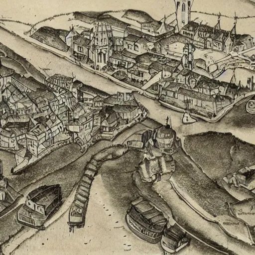 Prompt: medieval town with canals, map, technical drawing, schematic, diagram, manuscript