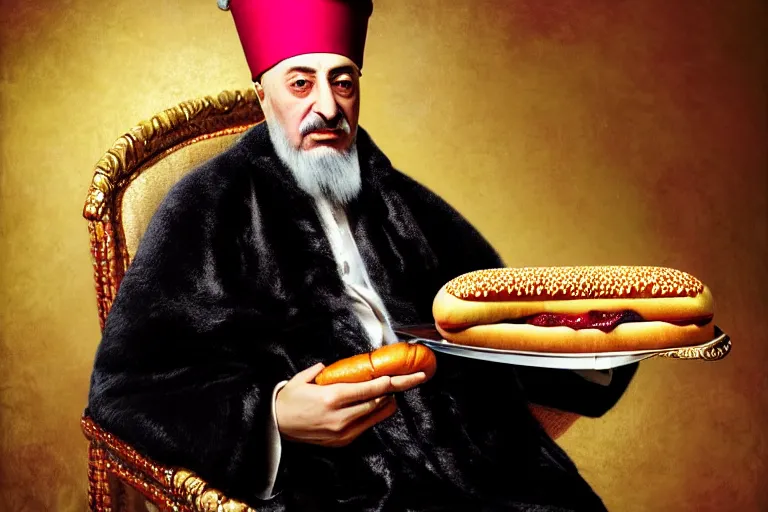 Image similar to Ottoman Sultan Mehmet IV eating a delicious hot dog, wearing big ovular turban and a luxurious Ottoman coat, mid-shot, cold lighting, photography from Vogue Magazine, neat, precise, realistic, detailed facial features, expressive, photorealistic, hyperrealism, micro details, HDR Shot, in the style of Martin Schoeller