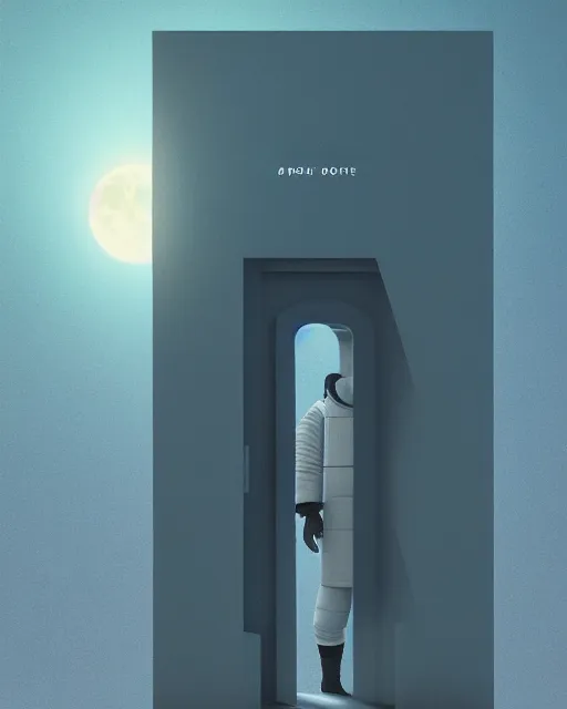 Image similar to a person standing in front of an open door that's on the moon, poster art by mike winkelmann, trending on cg society, space art, sci - fi, ue 5, futuristic, volumetric lighting