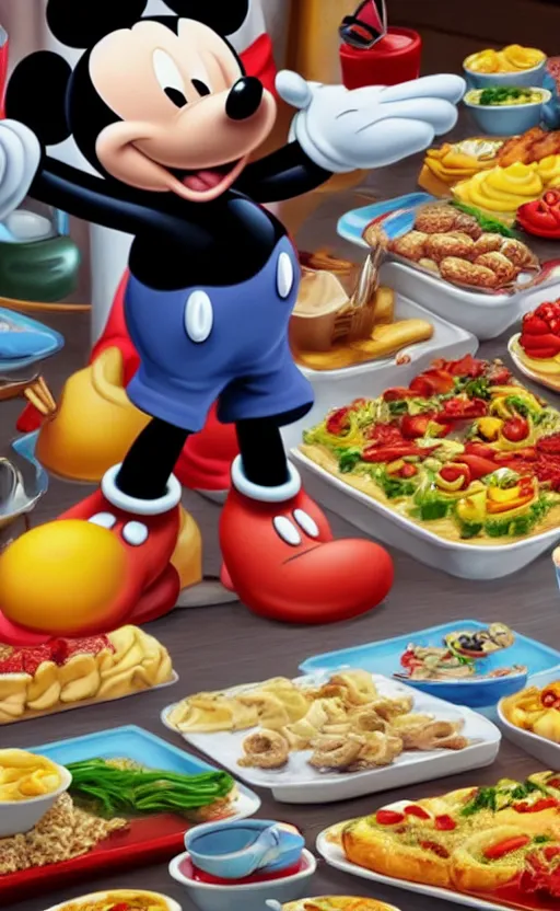 Image similar to mickey mouse on a porcelain tray at a buffet for 5 0 people, photo, photorealistic, realistic, detailed, high quality, high resolution, 8 k, hdr, 8 k quality, 8 k resolution