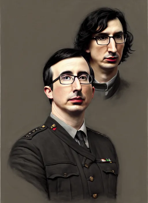 Image similar to painting of both john oliver and adam driver together, john oliver, stoic, full body, military uniform, fantasy, intricate, elegant, beautiful, highly detailed, charcoal, centered, dark, smokey, digital painting, concept art, smooth, sharp focus, illustration, art by artgerm, art by greg rutkowski, art by alphonse mucha