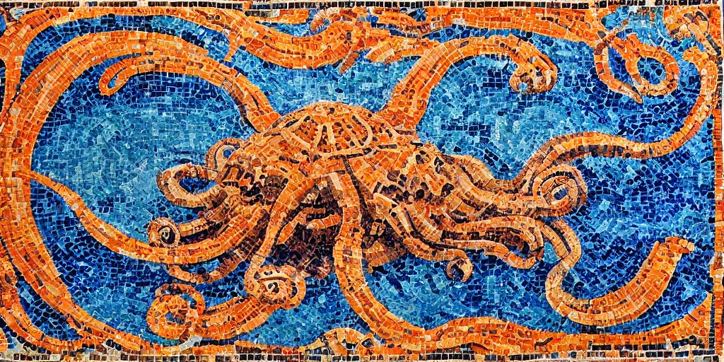 Image similar to roman mosaics of a orange kraken sinking a boat