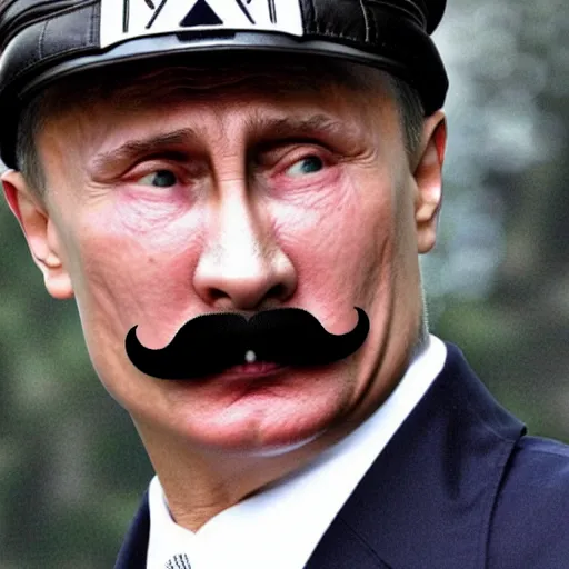 Prompt: vladimir putin with a hitler mustache and outfit