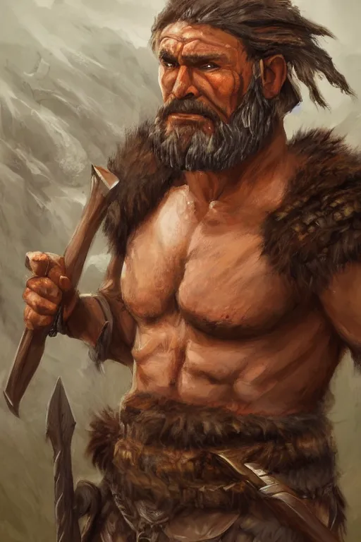 Image similar to a full body fantasy portrait oil painting illustration of a single rugged stoic barbarian man by Justin Sweet with face and body clearly visible, d&d, rpg, forgotten realms, artstation trending, high quality, sombre mood, artstation trending, muted colours, no crop, entire character,