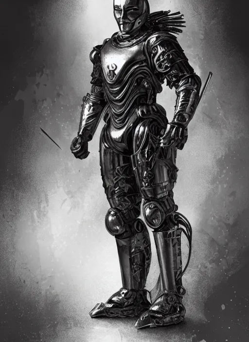 Image similar to powerful male tin man, christian bale as tinman, full body character concept, covered in full metal armor, plating, art nouveau, super powers, fantasy, intricate, elegant, highly detailed, digital painting, artstation, concept art, shining, sharp focus, illustration, art by stanley lau