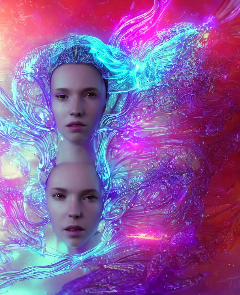 Image similar to iridescent close-up macro portrait of the face of a beautiful princess, epic angle and pose, symmetrical artwork, 3d with depth of field, blurred background, cybernetic jellyfish female face skull phoenix bird, translucent, nautilus, energy flows of water and fire. a highly detailed epic cinematic concept art CG render. made in Maya, Blender and Photoshop, octane render, excellent composition, cinematic dystopian brutalist atmosphere, dynamic dramatic cinematic lighting, aesthetic, very inspirational, arthouse. y Greg Rutkowski, Ilya Kuvshinov, WLOP, Stanley Artgerm Lau, Ruan Jia and Fenghua Zhong