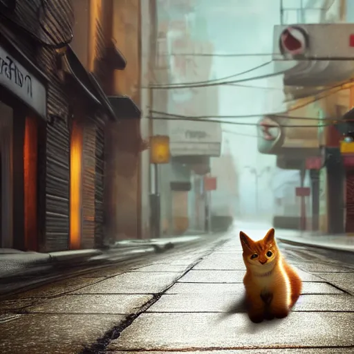 Image similar to kitten sits in the empty street on a rainy day, led lights around the place, digital painting, ultra detailed, unreal engine 5,