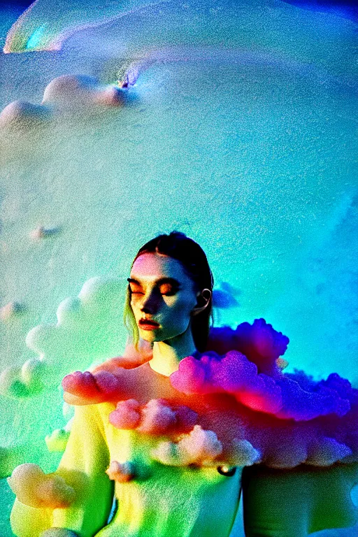 Image similar to high quality pastel coloured film close up wide angle photograph of a model wearing clothing swimming on cloud furniture in a icelandic black rock!! environment in a partially haze filled dreamstate world. three point light, rainbow. photographic production. art directed. pastel colours. volumetric clouds. pastel gradient overlay. waves glitch artefacts. extreme facial clarity. 8 k. filmic.